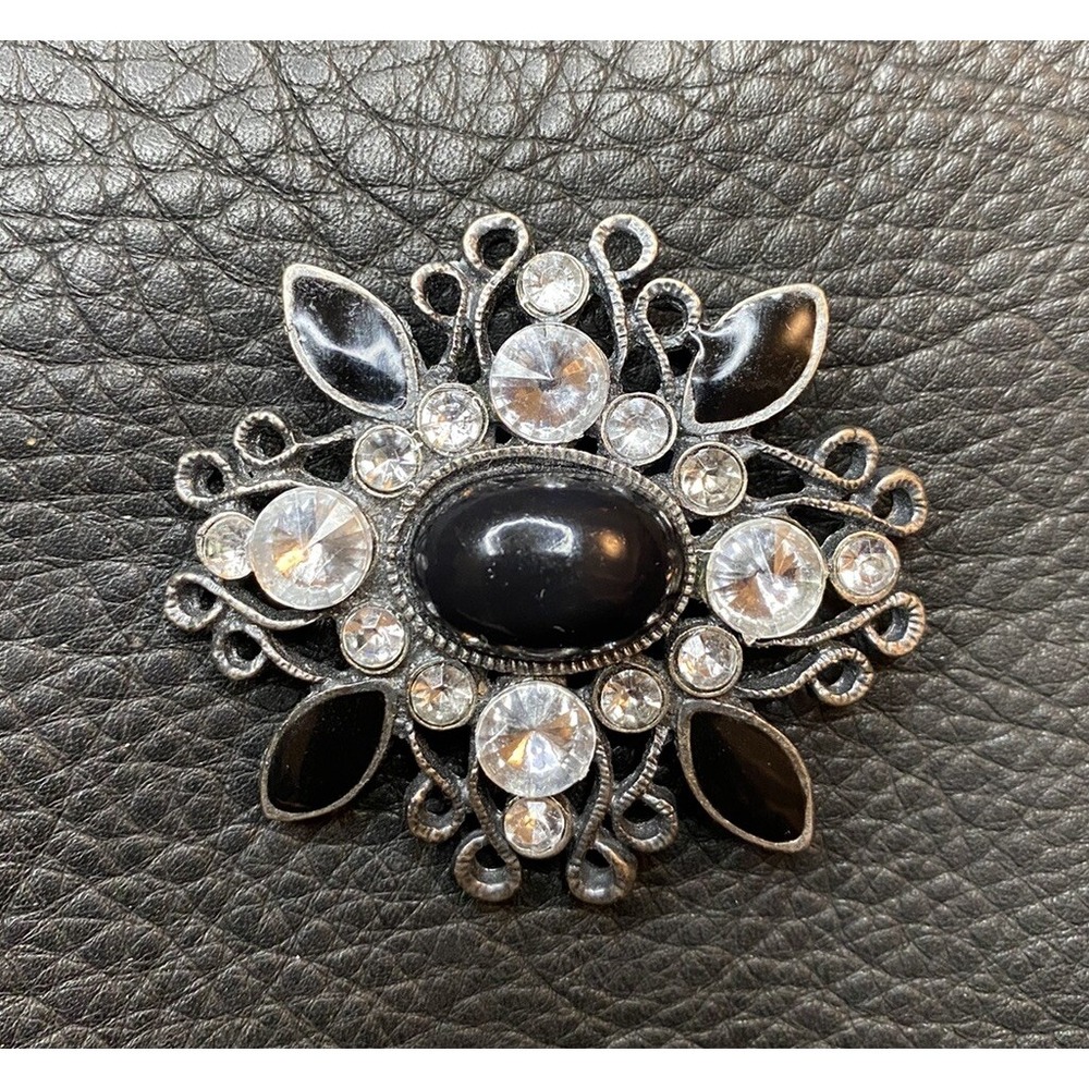 Gothic Victorian Dark Metal Pin, Faux Pearl Center, Black Enamel, Clear Stones